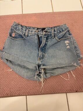 Guess Light Blue Distressed Rolled Hem Jean Shorts